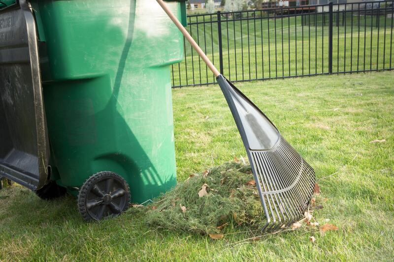 rake and a small garbage can 